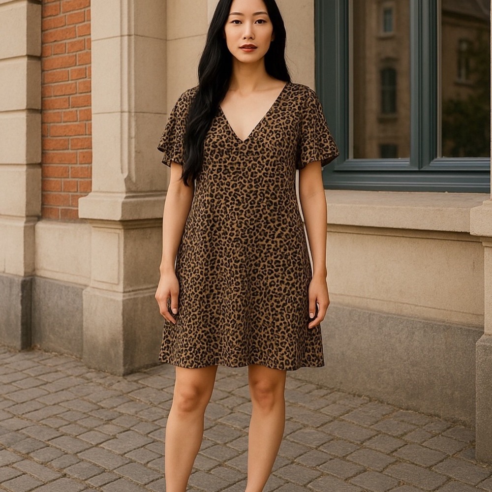 Dear Apple Leopard Print Dress V Neck Short Sleeve‎ Casual Tan Brown Size Large